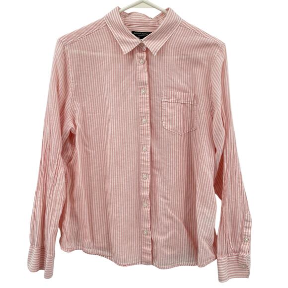 Banana Republic Women's Linen Blend Button Up Top, Sz. L, Pink & White Stripes - Picture 1 of 5